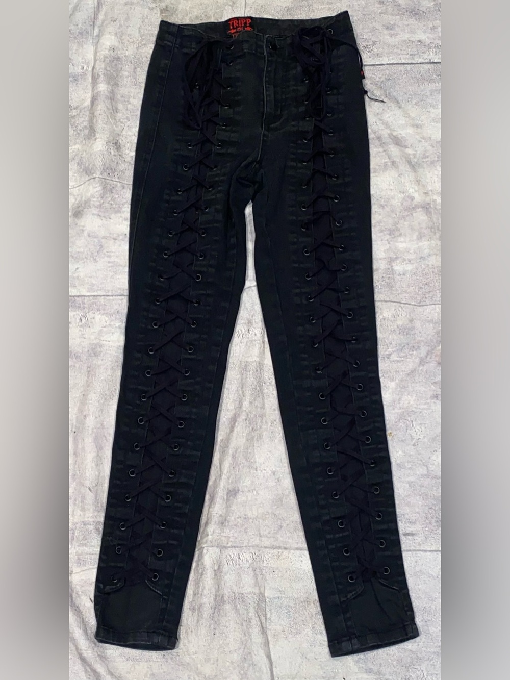 Vintage 90s Y2K Tripp NYC Corset Bondage Lace Up Black Denim Jeans Skinny 27 5